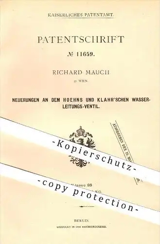 original Patent - Richard Mauch in Wien , 1880 , Wasserleitungsventil von Hoehns und Klahr , Ventil , Klempner !!!