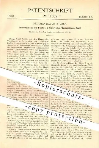 original Patent - Richard Mauch in Wien , 1880 , Wasserleitungsventil von Hoehns und Klahr , Ventil , Klempner !!!