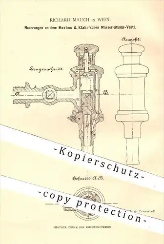 original Patent - Richard Mauch in Wien , 1880 , Wasserleitungsventil von Hoehns und Klahr , Ventil , Klempner !!!