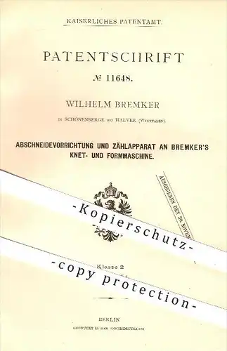 original Patent - Wilhelm Bremker , Schönenberge b. Halver , 1880 , Bremker's Knet- und Formmaschine , Bäckerei , Bäcker