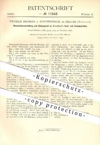 original Patent - Wilhelm Bremker , Schönenberge b. Halver , 1880 , Bremker's Knet- und Formmaschine , Bäckerei , Bäcker