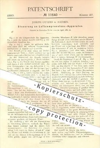 original Patent - Joseph Otters in Aachen , 1880 , Steuerung an Luftkompressions - Apparaten , Kompressor , Gebläse !!