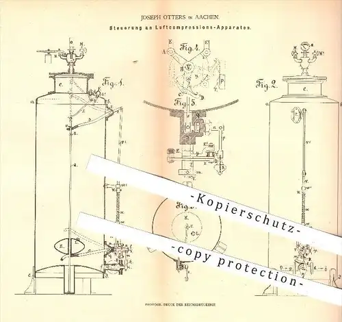 original Patent - Joseph Otters in Aachen , 1880 , Steuerung an Luftkompressions - Apparaten , Kompressor , Gebläse !!