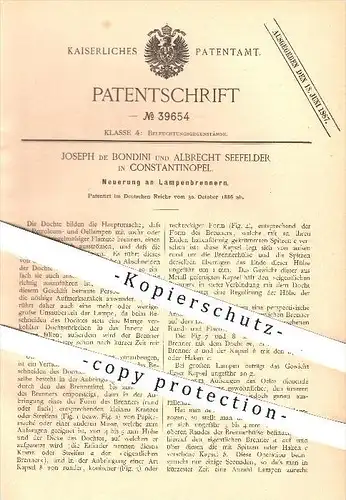 original Patent - Joseph de Bondini u. Albrecht Seefelder , Konstantinopel , Istanbul , 1886 , Lampen - Brenner , Licht