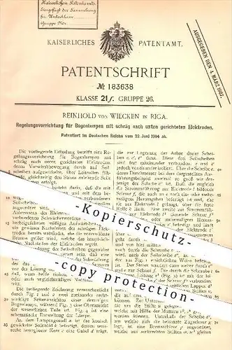 original Patent - Reinhold von Wiecken in Riga , 1904 , Regelung für Bogenlampen , Lampe , Lampen , Licht , Elektroden !