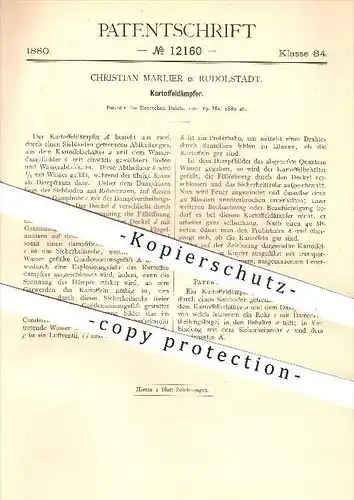 original Patent - Christian Marlier in Rudolstadt , 1880 , Kartoffeldämpfer , Kartoffeln , Dampf , Hauswirtschaft !!!