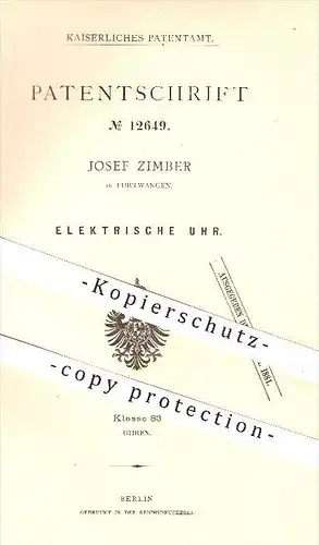 original Patent - Josef Zimber in Furtwangen , 1880 , Elektrische Uhr , Uhren , Uhrmacher , Uhrwerk , Elektrik !!!