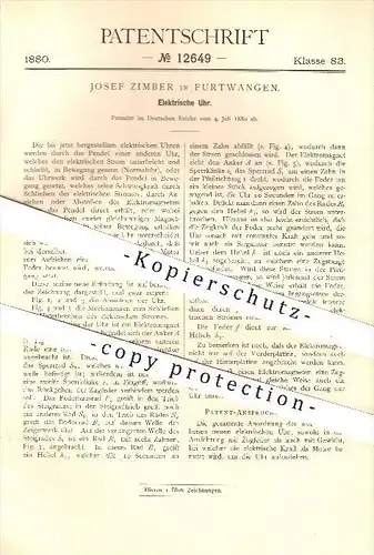 original Patent - Josef Zimber in Furtwangen , 1880 , Elektrische Uhr , Uhren , Uhrmacher , Uhrwerk , Elektrik !!!