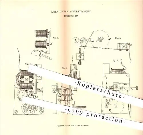 original Patent - Josef Zimber in Furtwangen , 1880 , Elektrische Uhr , Uhren , Uhrmacher , Uhrwerk , Elektrik !!!