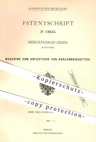 original Patent - Merckelbagh-Despa in Lüttich , 1880 , Maschine zum Anfertigen von Kohlen - Brikett , Kohle !!!