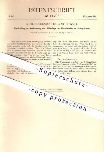 original Patent - A. Fr. Kochendörfer in Stuttgart , 1880 , Höhenlage der Melodie - Saiten an Zittern , Zitter , Musik !