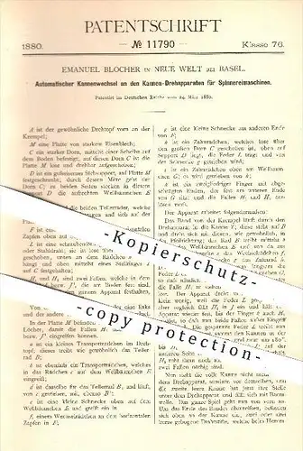 original Patent - Emanuel Blocher in Neue Welt bei Basel , 1880 , Automatischer Kannenwechsel an Spinnerei - Maschinen !