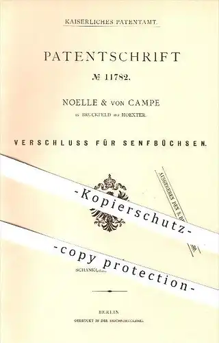 original Patent - Noelle & von Campe , Brückfeld , Höxter , 1880, Verschluss für Senfbüchse , Senf , Dose , Lebensmittel