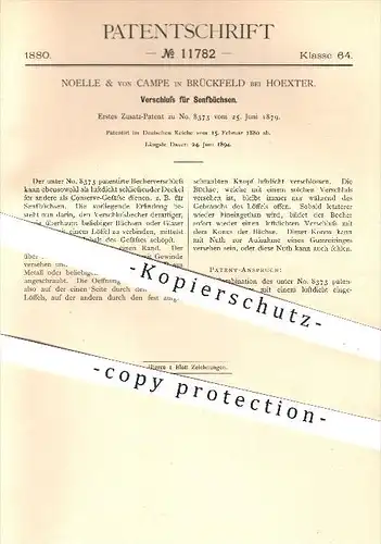 original Patent - Noelle & von Campe , Brückfeld , Höxter , 1880, Verschluss für Senfbüchse , Senf , Dose , Lebensmittel