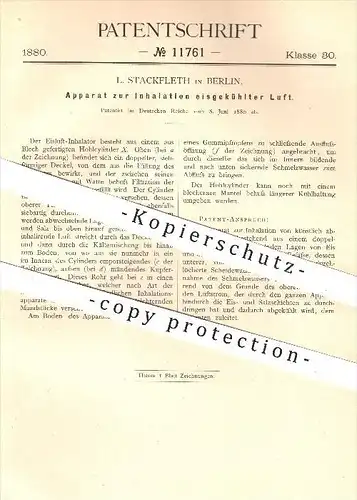 original Patent - L. Stackfleth in Berlin , 1880 , Apparat zur Inhalation eisgekühlter Luft , Gesundheit , Medizin !!!