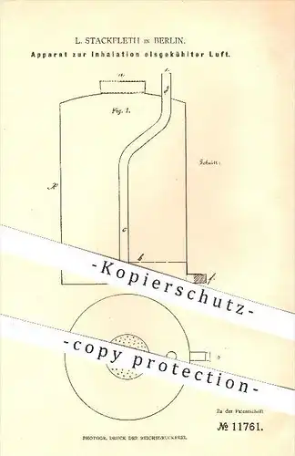 original Patent - L. Stackfleth in Berlin , 1880 , Apparat zur Inhalation eisgekühlter Luft , Gesundheit , Medizin !!!