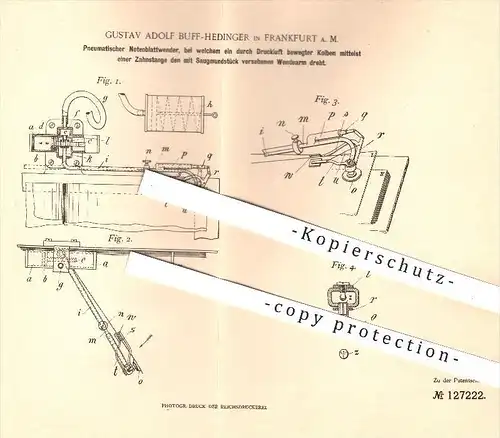 original Patent - Gustav A. Buff - Hedinger in Frankfurt am Main , 1900 , Pneumatischer Notenblattwender , Notenblatt !!