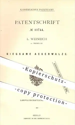 original Patent - L. Weinrich in Prenzlau , 1880 , Biegsame Ackerwalze , Walze , Walzen , Landwirtschaft , Bauer , Acker