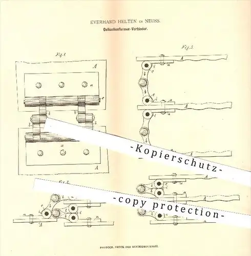 original Patent - Everhard Helten in Neuss , 1880 , Ölkuchenformen - Verbinder , Presse , Pressen , Öl , Ketten , Leder