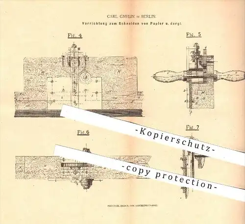 original Patent - Carl Gmelin in Berlin , 1880 , Schneiden von Papier , Papierfabrik , Buchbinderei , Buch , Bücher !!!