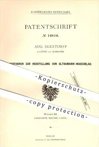 original Patent - Aug. Egestorff in Linden vor Hannover , 1880 , Herstellung von Ultramarin - Waschblau , Farbe , Blau !