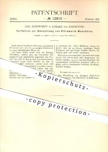 original Patent - Aug. Egestorff in Linden vor Hannover , 1880 , Herstellung von Ultramarin - Waschblau , Farbe , Blau !
