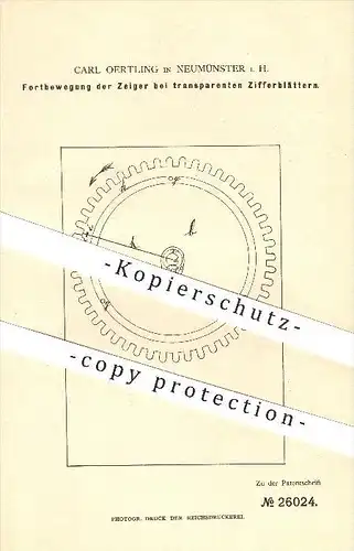 original Patent - C. Oertling , Neumünster i. H. , 1883, Zeiger auf transparentem Ziffernblatt , Uhr , Uhren , Uhrmacher