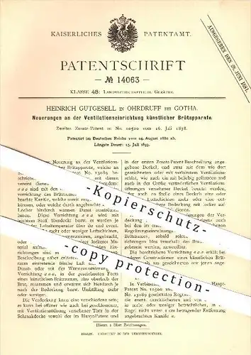 original Patent - Heinrich Gutgesell in Ohrdruff bei Gotha , 1880 , Ventilation an künstlichen Brutapparaten , Tierzucht