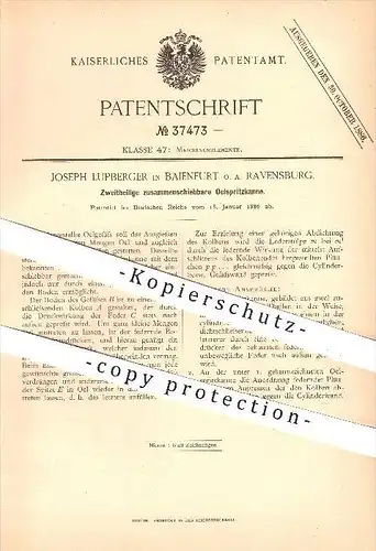 original Patent - Joseph Lupberger , Baienfurt , Ravensburg ,1886, Ölspritzkanne , Ölkanne , Kanne , Öl , Gefäß , Kolben