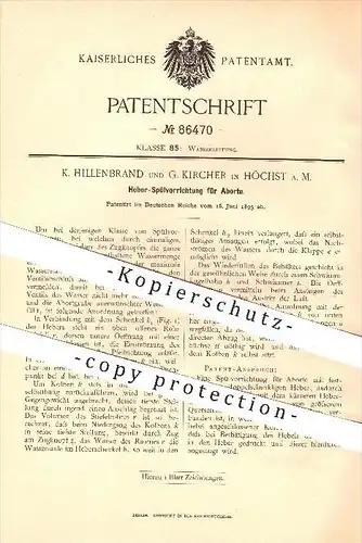 original Patent - K. Hillenbrand , G. Kircher in Höchst , 1895 , Heber - Spülung für Aborte , WC , Toilette , Kloset