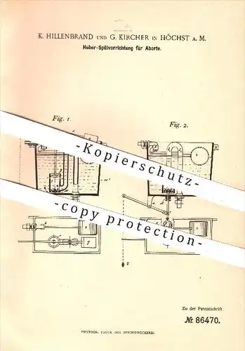 original Patent - K. Hillenbrand , G. Kircher in Höchst , 1895 , Heber - Spülung für Aborte , WC , Toilette , Kloset