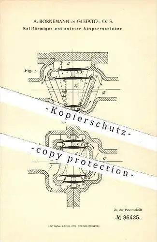 original Patent - A. Bornemann in Gleiwitz , O.-S. , 1895 , Keilförmiger Absperrschieber , Schieber , Maschinen !!!