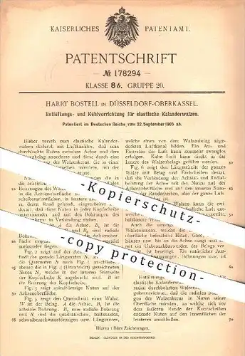 original Patent - Harry Bostell in Düsseldorf - Oberkassel , 1905 , Entlüftung u. Kühlung für Kalanderwalzen , Walzen !!