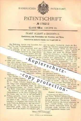 original Patent - Franz Rudert , Dresden , 1906 , Feststellen von Fenster u. Tür , Türen , Fensterbauer , Tischler !!!