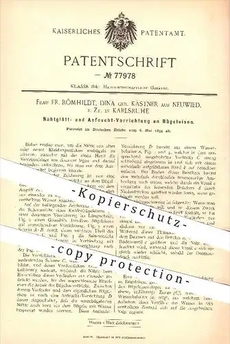 original Patent - Fr. Römhildt , Dina geb. Kästner , Neuwied , Karlsruhe , 1894, Bügeleisen , Bügeln , Wäsche , Haushalt