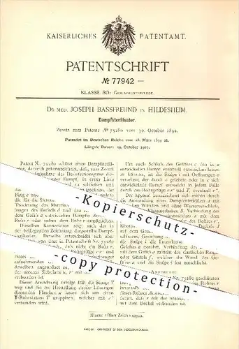 original Patent - Dr. med. Joseph Bassfreund in Hildesheim , 1893 , Dampfsterilisator , Sterilisator , Sterilisierung