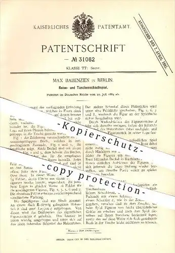 original Patent - Max Babenzien in Berlin , 1884 , Reise- und Taschenschachspiel , Schach , Schachbrett , Spielen !!!