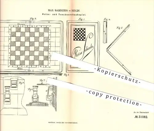 original Patent - Max Babenzien in Berlin , 1884 , Reise- und Taschenschachspiel , Schach , Schachbrett , Spielen !!!
