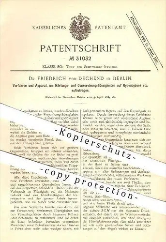 original Patent - Dr. Friedrich von Dechend in Berlin , 1884 , Härten u. Konservieren von Gipsabgüssen , Gips , Ton !!!