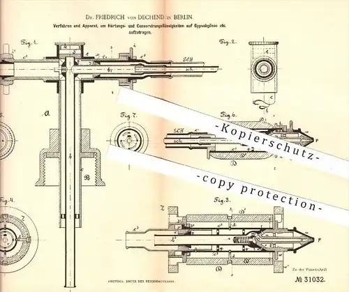 original Patent - Dr. Friedrich von Dechend in Berlin , 1884 , Härten u. Konservieren von Gipsabgüssen , Gips , Ton !!!