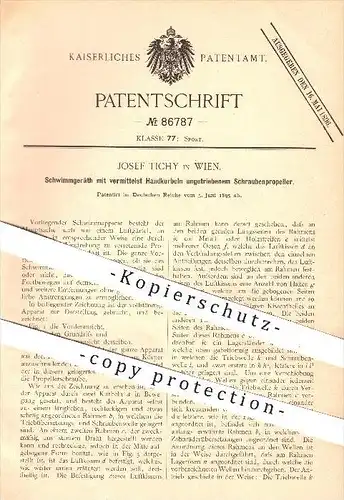 original Patent - Josef Tichy in Wien , 1895 , Schwimmgerät mit Schrauben - Propeller , Schwimmen , Sport !!!