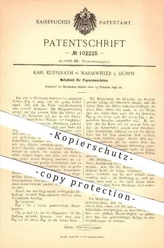 original Patent - Karl Kufferrath , Mariaweiler , Düren , 1897 , Metallsieb für Papiermaschinen , Papier , Papierfabrik