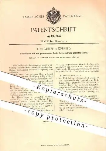 original Patent - F. de Greiff in Krefeld , 1895 , Federhaken mit Verschluss aus Draht , Haken , Kurzwaren !!!