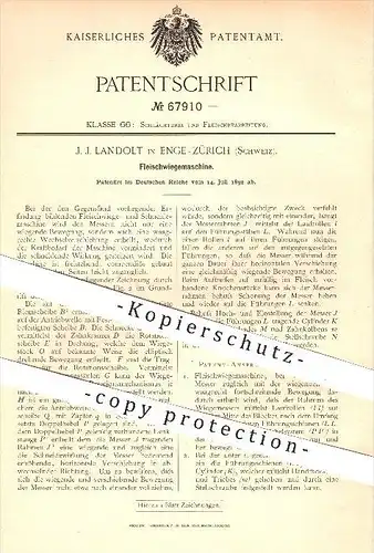 original Patent - J. J. Landolt , Enge - Zürich , Schweiz , 1892 , Fleischwiegemaschine , Fleisch , Fleischwaage , Waage