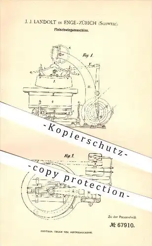 original Patent - J. J. Landolt , Enge - Zürich , Schweiz , 1892 , Fleischwiegemaschine , Fleisch , Fleischwaage , Waage