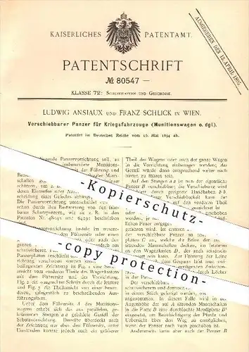 original Patent - Ludwig Ansiaux und Franz Schlick , Wien , 1894 , Panzer für Kriegsfahrzeuge , Munitionswagen , Waffen