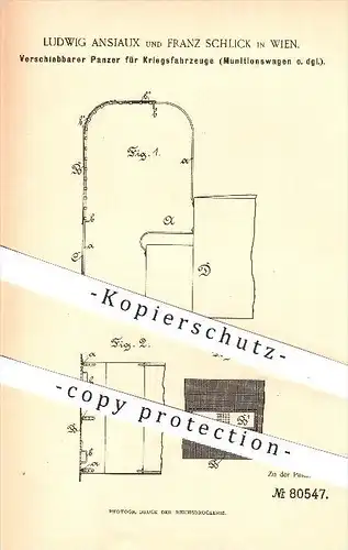 original Patent - Ludwig Ansiaux und Franz Schlick , Wien , 1894 , Panzer für Kriegsfahrzeuge , Munitionswagen , Waffen