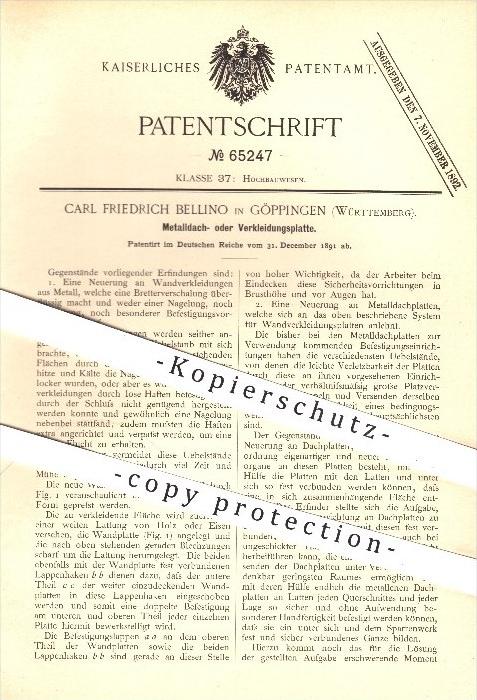 original Patent Carl Friedrich Bellino in Göppingen , 1891