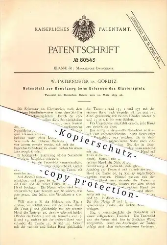 original Patent - W. Paternoster in Görlitz , 1894 , Notenblatt zum Klavier - Spielen , Musik , Musikinstrument , Noten