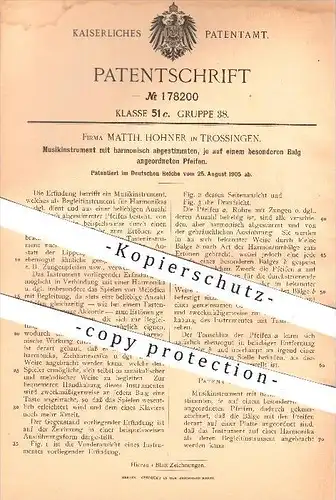 original Patent - Matth. Hohner in Trossingen , 1905 , Musikinstrument mit Pfeifen auf einem Balg , Musik , Instrument !
